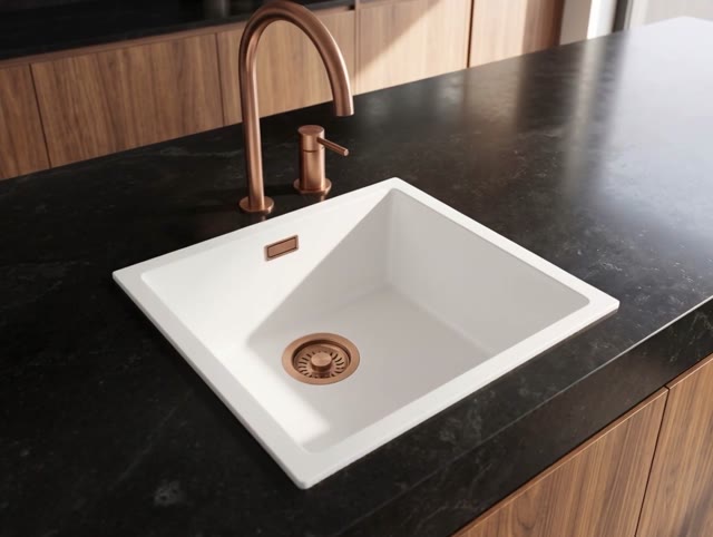 Pure.Sink Eternal Quartz Witte Spoelbak 40x40 cm Onderbouw en Opbouw met Koperen plug