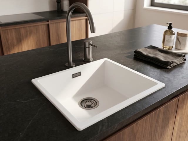 Pure.Sink Eternal Quartz Witte Spoelbak 40x40 cm Onderbouw en Opbouw met Gun metal plug