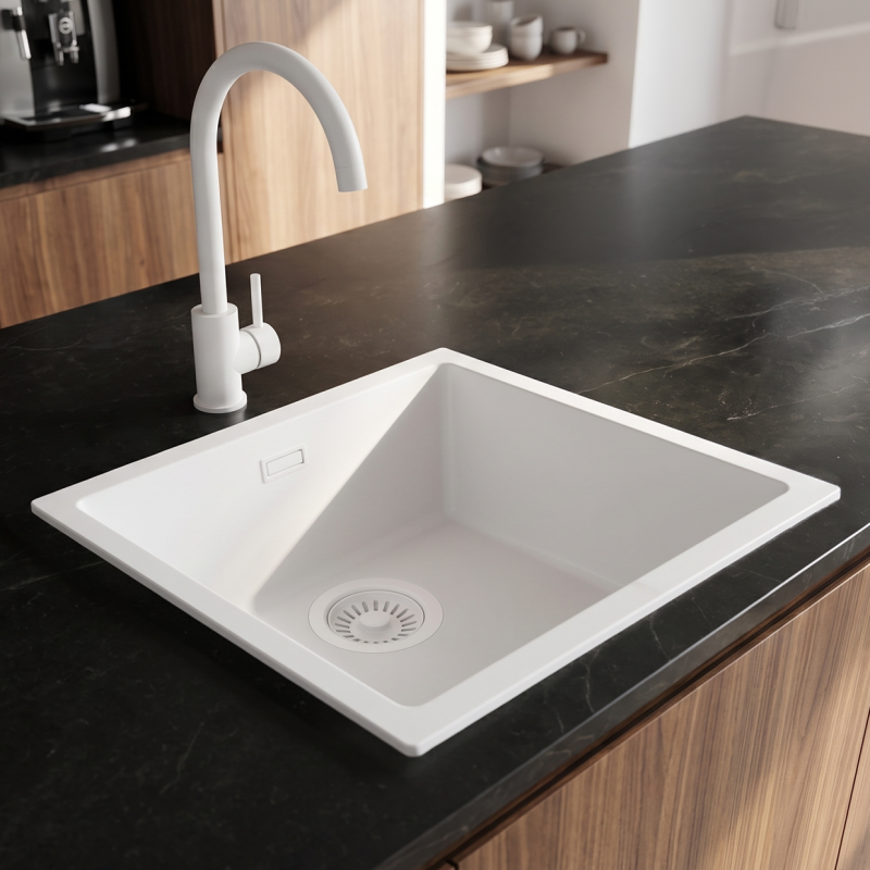 Pure.Sink Eternal Quartz Witte Spoelbak 40x40 cm Onderbouw en Opbouw met Witte plug