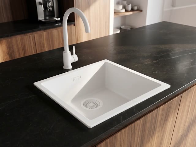 Pure.Sink Eternal Quartz Witte Spoelbak 40x40 cm Onderbouw en Opbouw met Witte plug