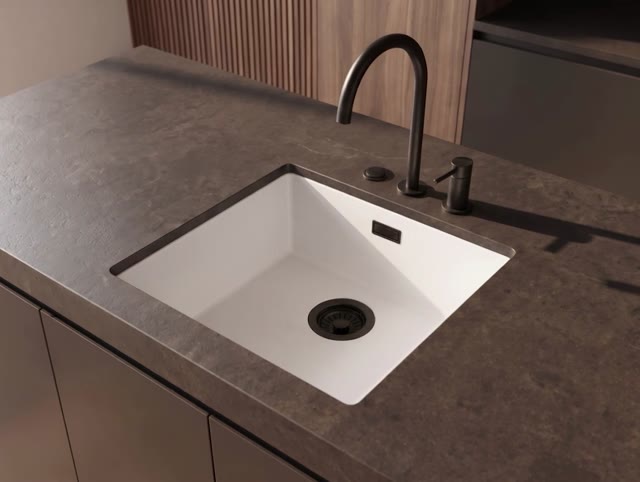 Pure.Sink Eternal Quartz Witte Spoelbak 40x40 cm Onderbouw en Opbouw met Zwarte plug