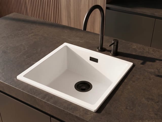 Pure.Sink Eternal Quartz Witte Spoelbak 40x40 cm Onderbouw en Opbouw met Zwarte plug