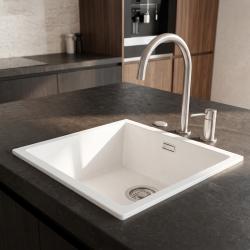 Pure.Sink Eternal Évier Quartz blanc 40 x 40 cm, à encastrer ou à poser, avec bouchon automatique en acier inoxydable