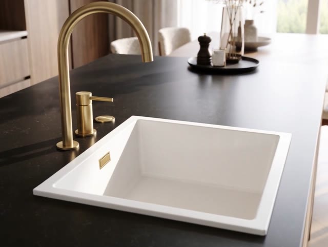Pure.Sink Eternal Quartz Witte Spoelbak 40x40 cm Onderbouw en Opbouw met Automatische Gouden plug