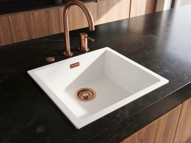 Pure.Sink Eternal Quartz Witte Spoelbak 40x40 cm Onderbouw en Opbouw met Automatische Koperen plug