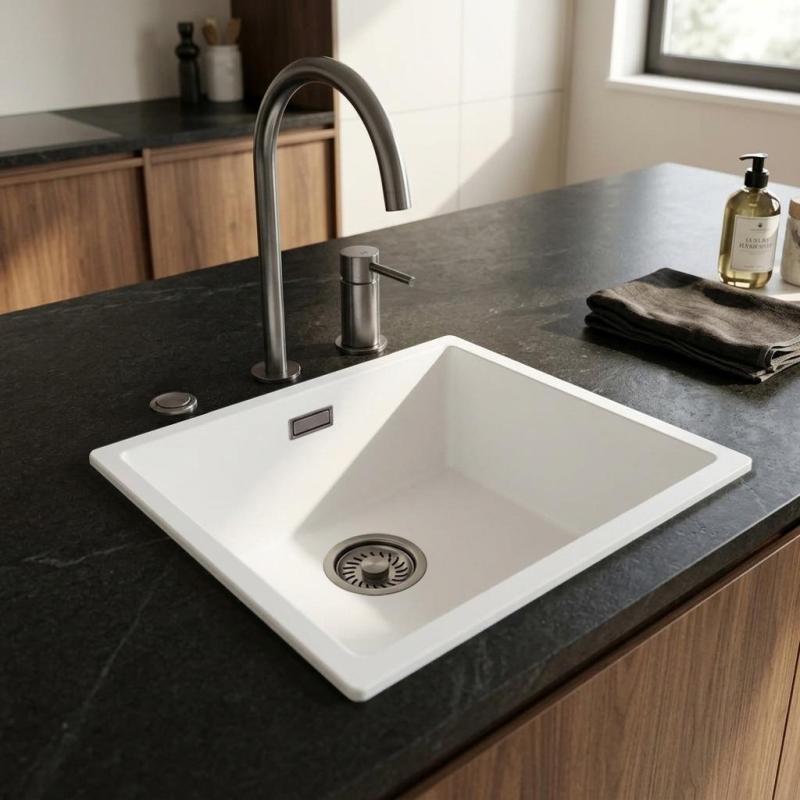 Pure.Sink Eternal Quartz Witte Spoelbak 40x40 cm Onderbouw en Opbouw met Automatische Gun metal plug