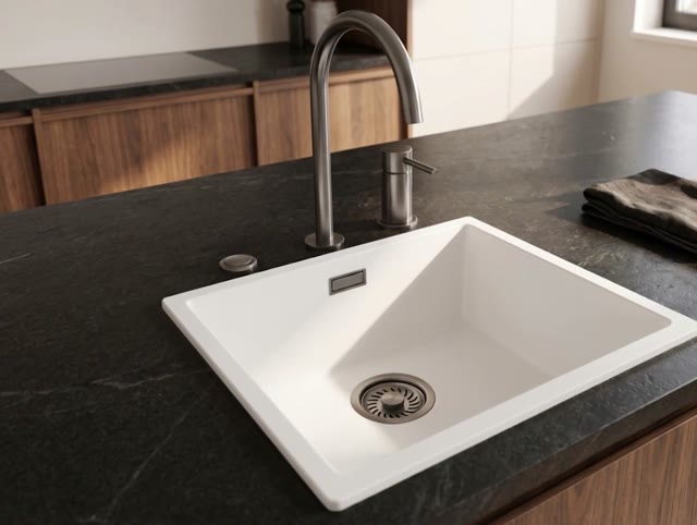 Pure.Sink Eternal Quartz Witte Spoelbak 40x40 cm Onderbouw en Opbouw met Automatische Gun metal plug
