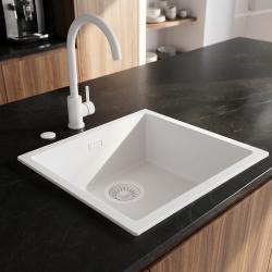 Pure.Sink Eternal Évier en quartz blanc 40 x 40 cm, à encastrer ou à poser, avec bouchon blanc automatique
