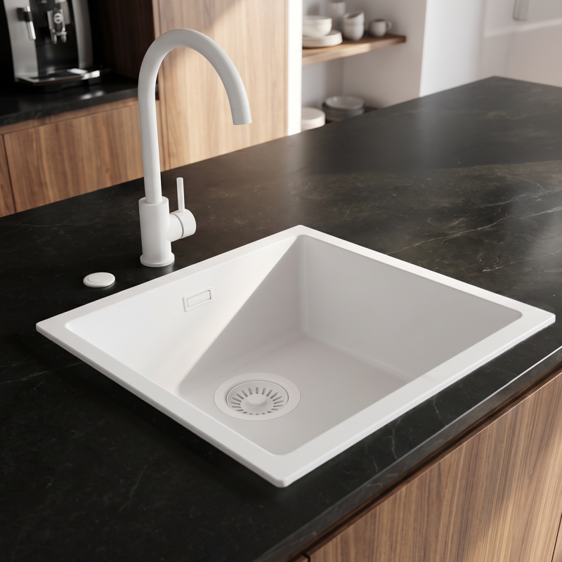 Pure.Sink Eternal Quartz Witte Spoelbak 40x40 cm Onderbouw en Opbouw met Automatische Witte plug