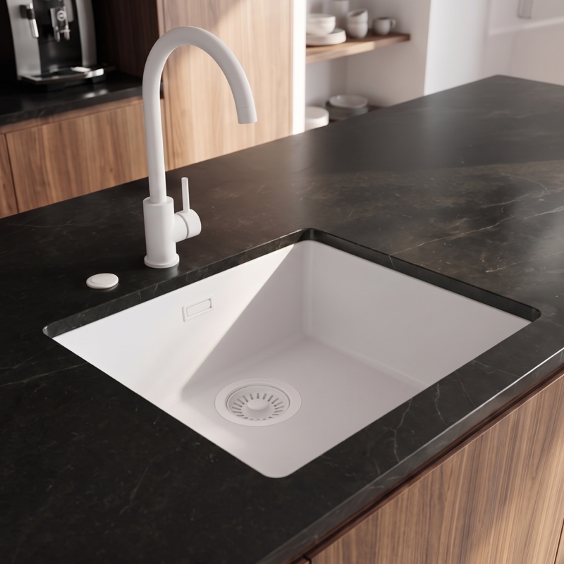 Pure.Sink Eternal Quartz Witte Spoelbak 40x40 cm Onderbouw en Opbouw met Automatische Witte plug