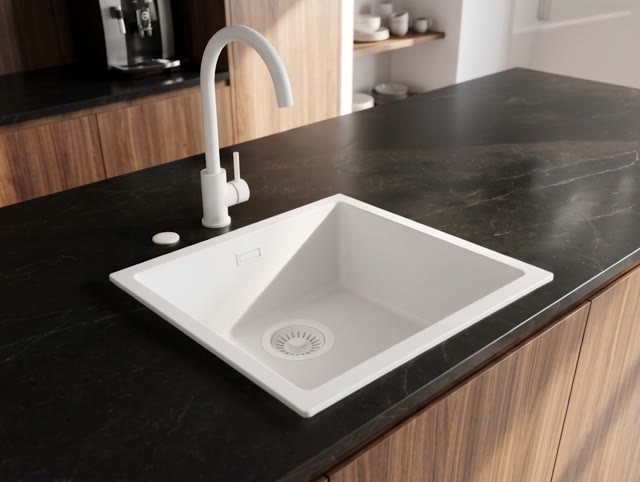 Pure.Sink Eternal Quartz Witte Spoelbak 40x40 cm Onderbouw en Opbouw met Automatische Witte plug
