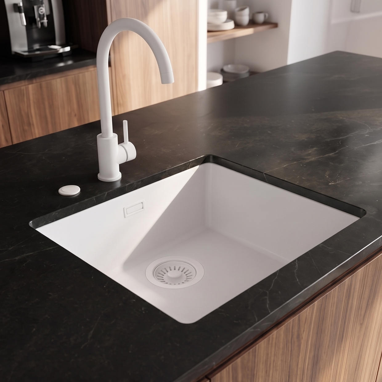 Pure.Sink Eternal Quartz White Sink 40x40 cm Undermount and Topmount with Automatic White Plug
