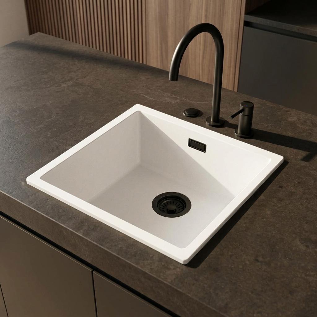 Pure.Sink Eternal Quartz White Sink 40x40 cm Undermount and Topmount with Automatic Black Plug