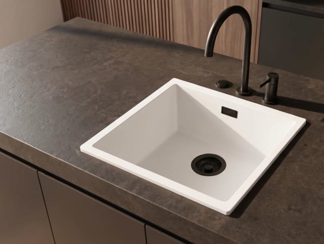 Pure.Sink Eternal Quartz Witte Spoelbak 40x40 cm Onderbouw en Opbouw met Automatische Zwarte plug