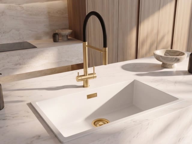 Pure.Sink Eternal Quartz Witte Spoelbak 70x40 cm Onderbouw en Opbouw met Gouden plug