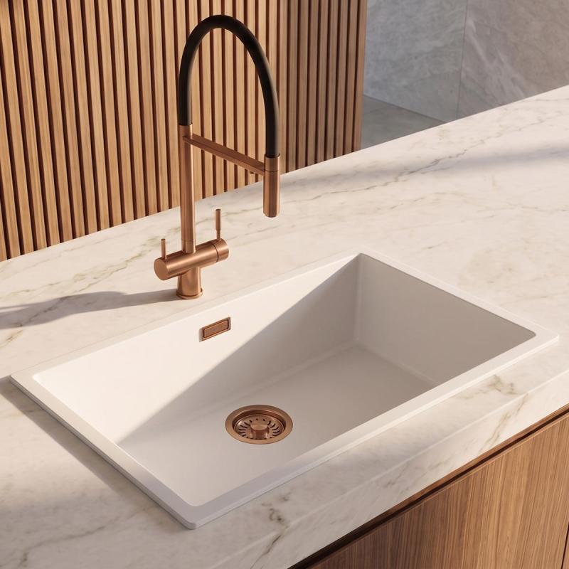 Pure.Sink Eternal Quartz Witte Spoelbak 70x40 cm Onderbouw en Opbouw met Koperen plug
