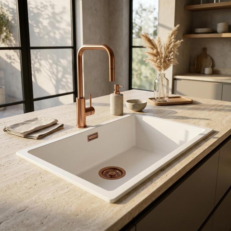 Pure.Sink Eternal Quartz Witte Spoelbak 70x40 cm Onderbouw en Opbouw met Koperen plug