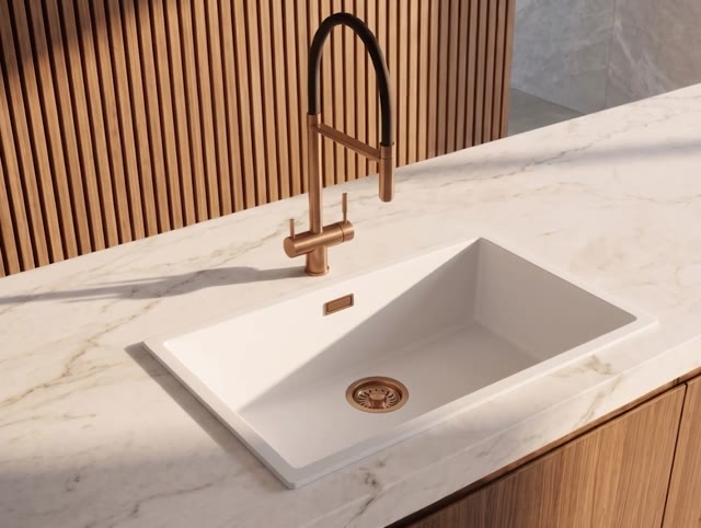 Pure.Sink Eternal Quartz Witte Spoelbak 70x40 cm Onderbouw en Opbouw met Koperen plug