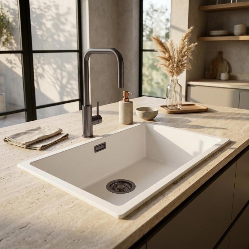 Pure.Sink Eternal Quartz Witte Spoelbak 70x40 cm Onderbouw en Opbouw met Gun metal plug