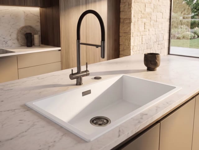 Pure.Sink Eternal Quartz Witte Spoelbak 70x40 cm Onderbouw en Opbouw met Gun metal plug