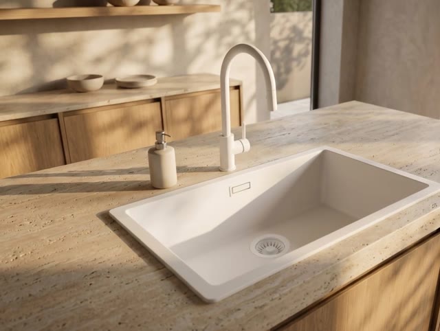 Pure.Sink Eternal Quartz Witte Spoelbak 70x40 cm Onderbouw en Opbouw met Witte plug