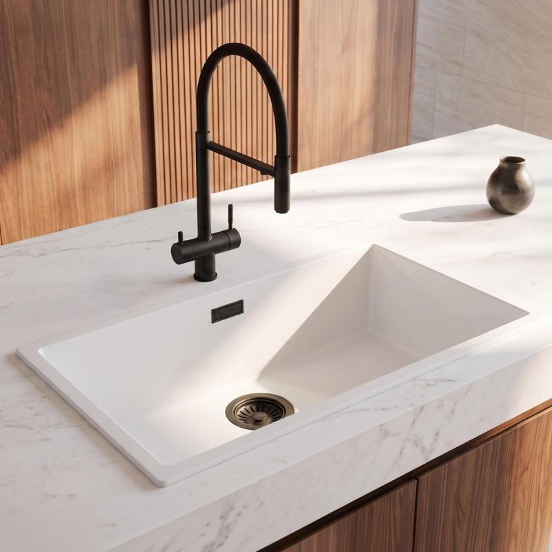 Pure.Sink Eternal Quartz Witte Spoelbak 70x40 cm Onderbouw en Opbouw met Zwarte plug