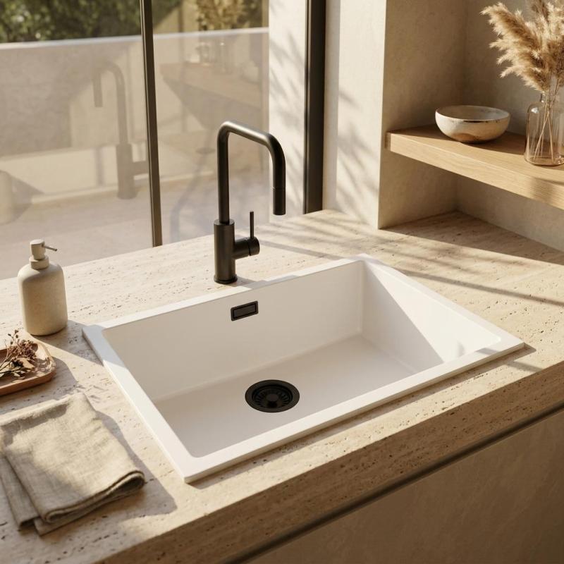Pure.Sink Eternal Quartz Witte Spoelbak 70x40 cm Onderbouw en Opbouw met Zwarte plug
