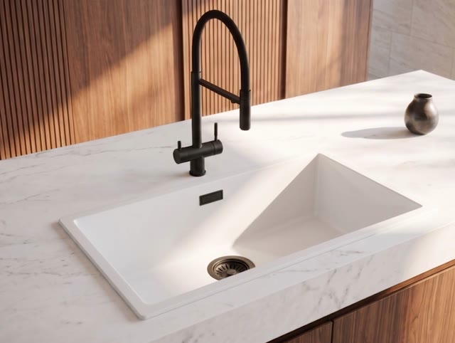 Pure.Sink Eternal Quartz Witte Spoelbak 70x40 cm Onderbouw en Opbouw met Zwarte plug