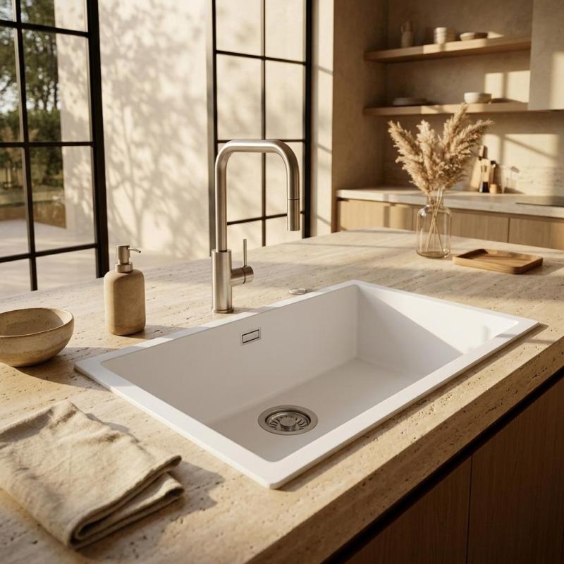 Pure.Sink Eternal Quartz Witte Spoelbak 70x40 cm Onderbouw en Opbouw met Automatische RVS plug