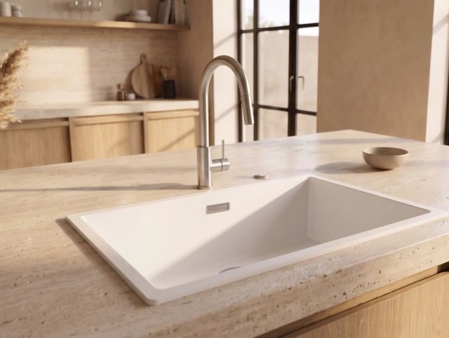 Pure.Sink Eternal Quartz Witte Spoelbak 70x40 cm Onderbouw en Opbouw met Automatische RVS plug