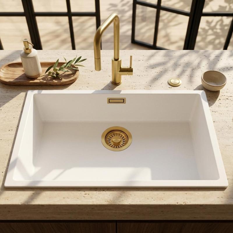 Pure.Sink Eternal Quartz Witte Spoelbak 70x40 cm Onderbouw en Opbouw met Automatische Gouden plug