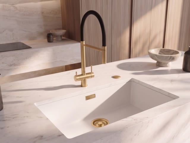 Pure.Sink Eternal Quartz Witte Spoelbak 70x40 cm Onderbouw en Opbouw met Automatische Gouden plug