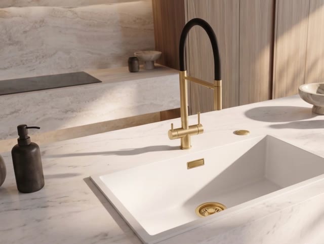 Pure.Sink Eternal Quartz Witte Spoelbak 70x40 cm Onderbouw en Opbouw met Automatische Gouden plug