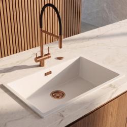 Pure.Sink Eternal Quartz Witte Spoelbak 70x40 cm Onderbouw en Opbouw met Automatische Koperen plug