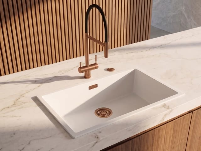 Pure.Sink Eternal Quartz Witte Spoelbak 70x40 cm Onderbouw en Opbouw met Automatische Koperen plug