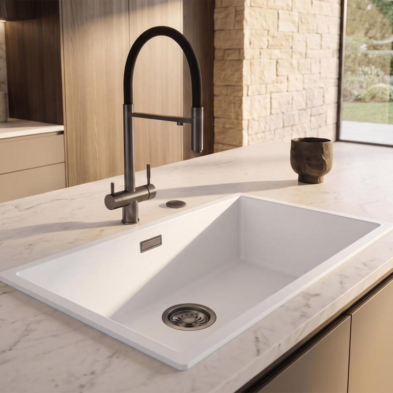Pure.Sink Eternal Quartz Witte Spoelbak 70x40 cm Onderbouw en Opbouw met Automatische Gun metal plug