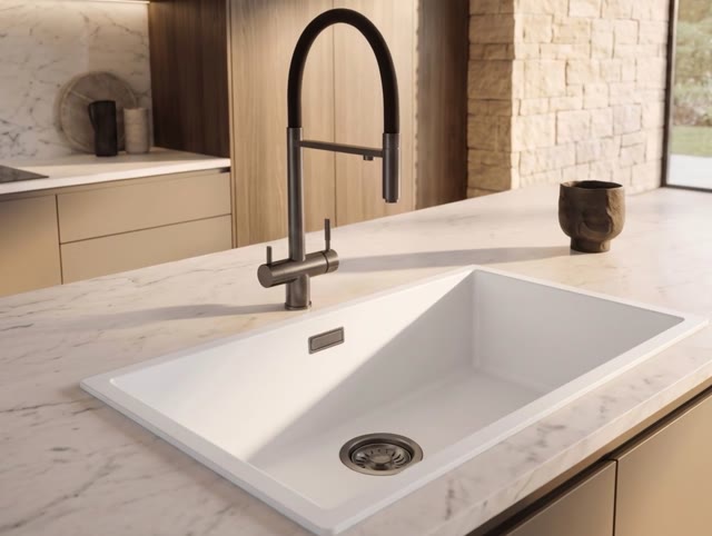 Pure.Sink Eternal Quartz Witte Spoelbak 70x40 cm Onderbouw en Opbouw met Automatische Gun metal plug