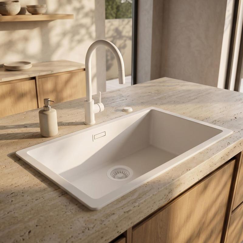 Pure.Sink Eternal Quartz Witte Spoelbak 70x40 cm Onderbouw en Opbouw met Automatische Witte plug