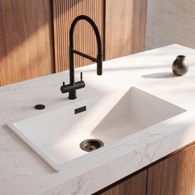 Pure.Sink Eternal Quartz Witte Spoelbak 70x40 cm Onderbouw en Opbouw met Automatische Zwarte plug