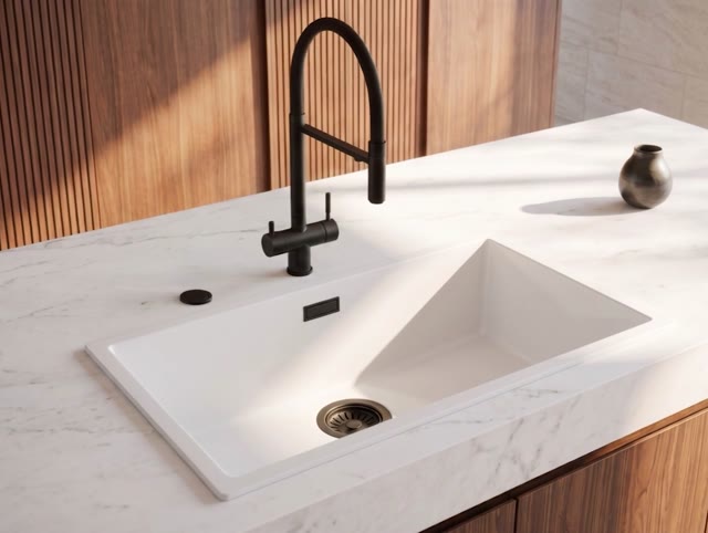 Pure.Sink Eternal Quartz Witte Spoelbak 70x40 cm Onderbouw en Opbouw met Automatische Zwarte plug