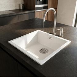 Pure.Sink Eternal Biała umywalka Quartz 40 x 40 cm, do montażu wpuszczanego i podblatowego, z korkiem ze stali nierdzewnej