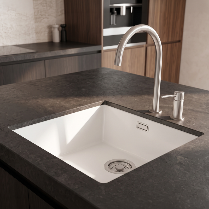 Pure.Sink Eternal Quartz Witte Spoelbak 40x40 cm Vlakinbouw en Onderbouw met RVS plug