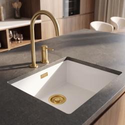 Pure.Sink Eternal Évier en quartz blanc 40 x 40 cm, à encastrer à fleur de plan de travail ou sous le plan de travail, avec bouchon doré