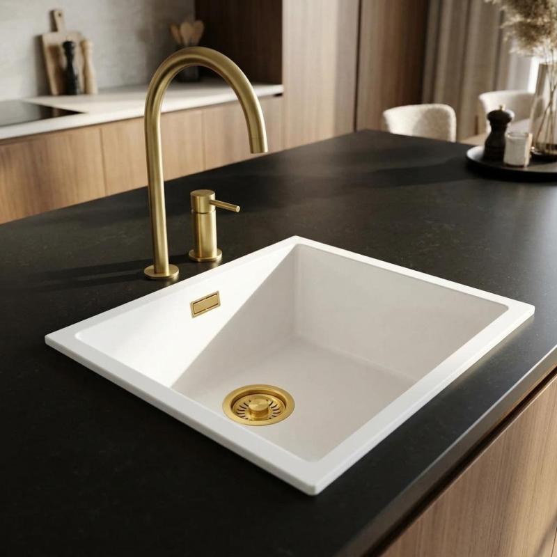 Pure.Sink Eternal Quartz Witte Spoelbak 40x40 cm Vlakinbouw en Onderbouw met Gouden plug