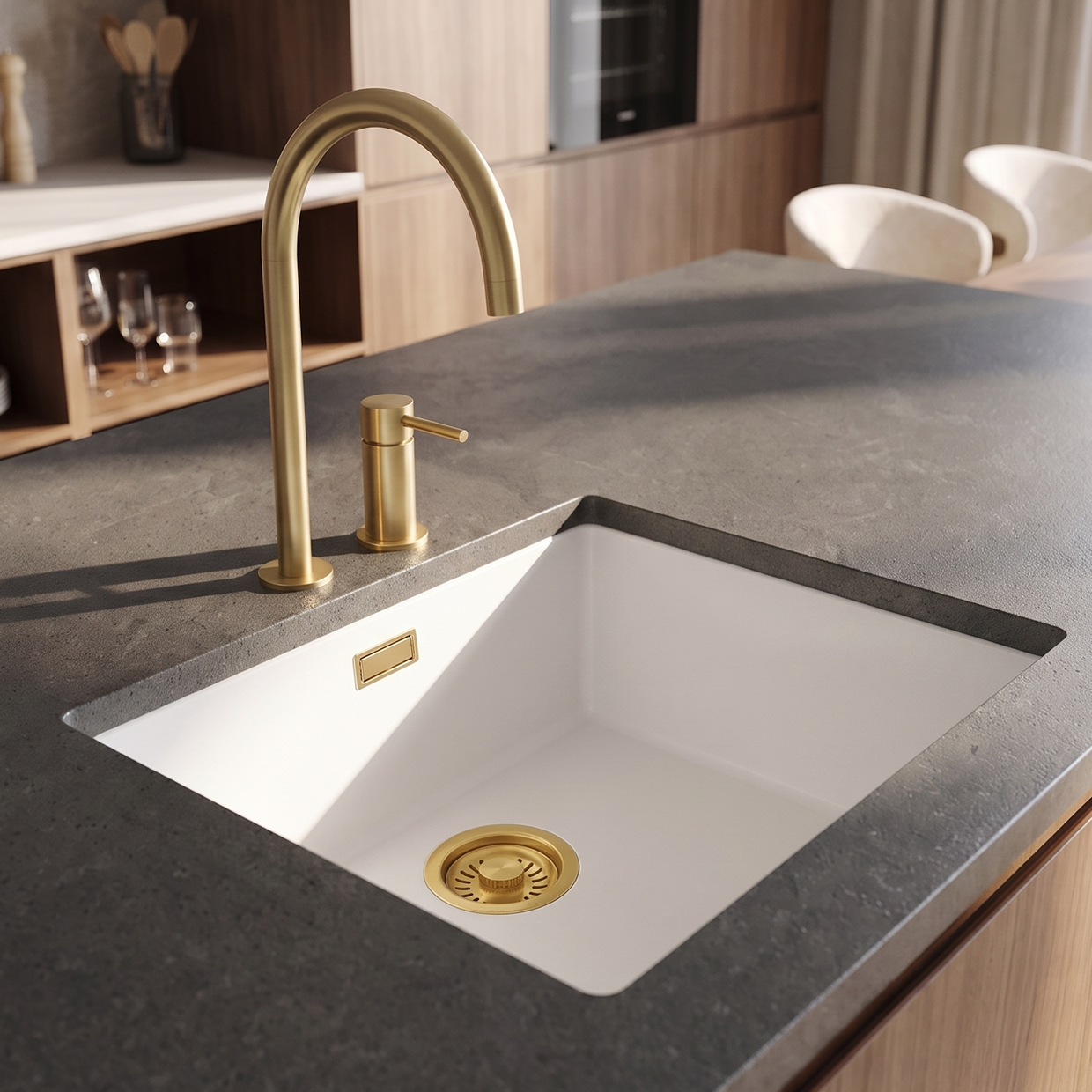Pure.Sink Eternal Quartz White Sink 40x40 cm Flush Mount and Undermount with Gold Plug