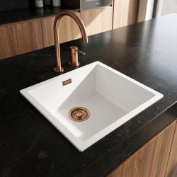 Pure.Sink Eternal Biała umywalka Quartz 40 x 40 cm do montażu wpuszczanego i podblatowego z mosiężnym korkiem