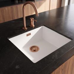 Pure.Sink Eternal Évier en quartz blanc 40 x 40 cm, à encastrer à fleur de plan de travail ou sous le plan de travail, avec bouchon en cuivre