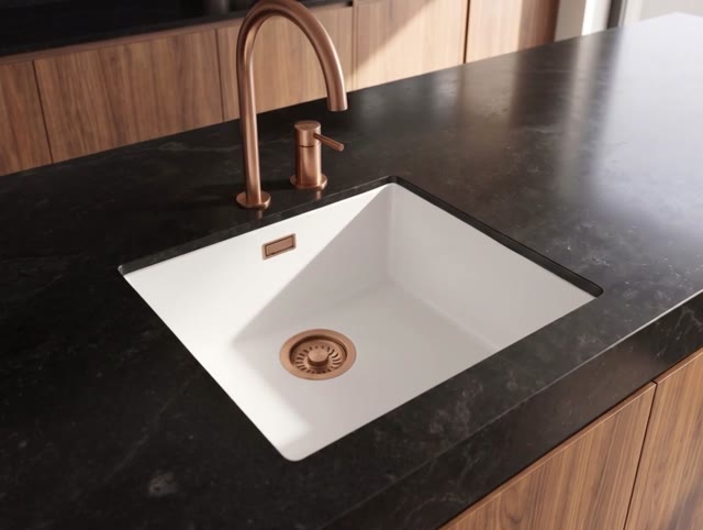 Pure.Sink Eternal Quartz Witte Spoelbak 40x40 cm Vlakinbouw en Onderbouw met Koperen plug