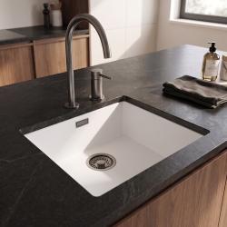 Pure.Sink Eternal Évier en quartz blanc 40 x 40 cm, à encastrer à fleur de plan de travail ou sous plan, avec bouchon « » Gun metal 