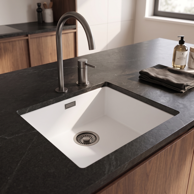 Pure.Sink Eternal Quartz Witte Spoelbak 40x40 cm Vlakinbouw en Onderbouw met Gun metal plug